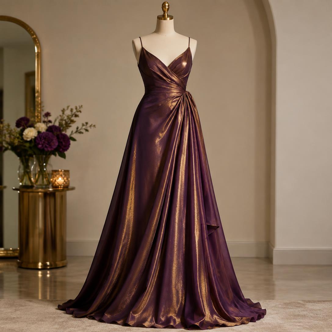 Plum silk party gown with gold sheen displayed on a mannequin