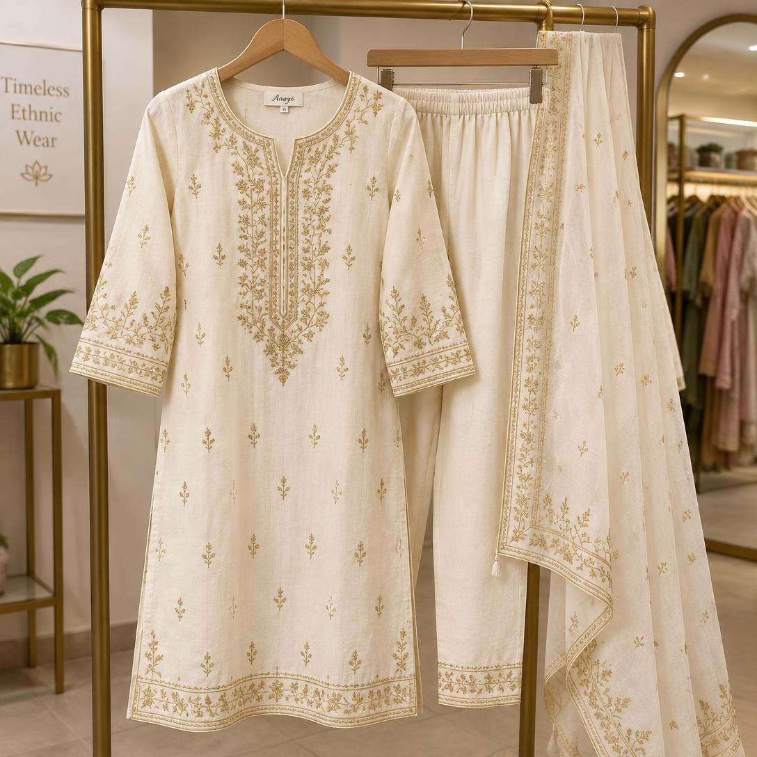 Cream embroidered kurti set with dupatta on a boutique rail