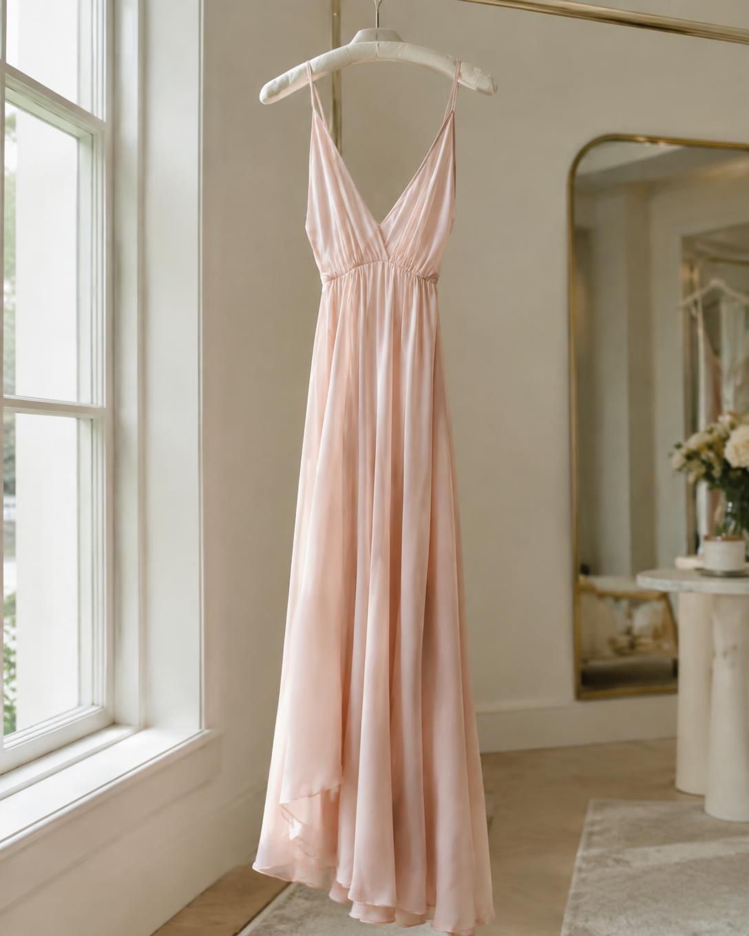 Flowing blush women's dress on a hanger in a boutique in Washermanpet, Chennai