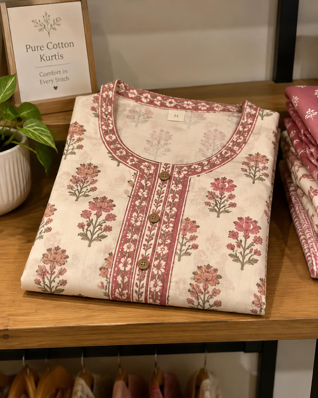 Printed cotton kurti folded on a boutique shelf