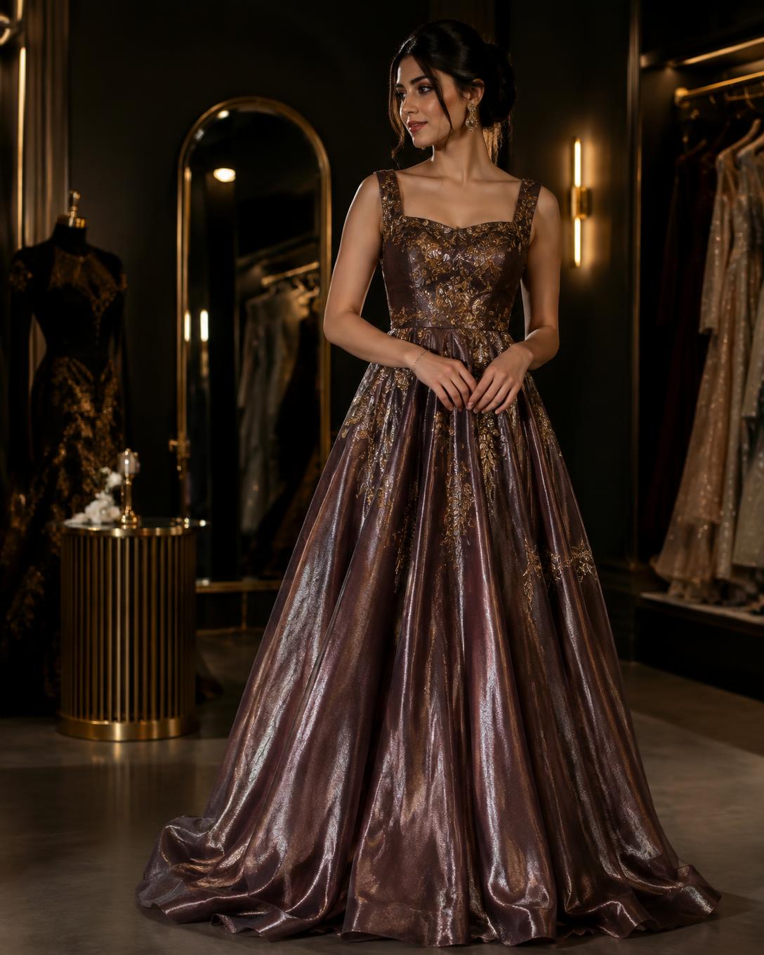 Women's party wear gown with gold detailing in a boutique