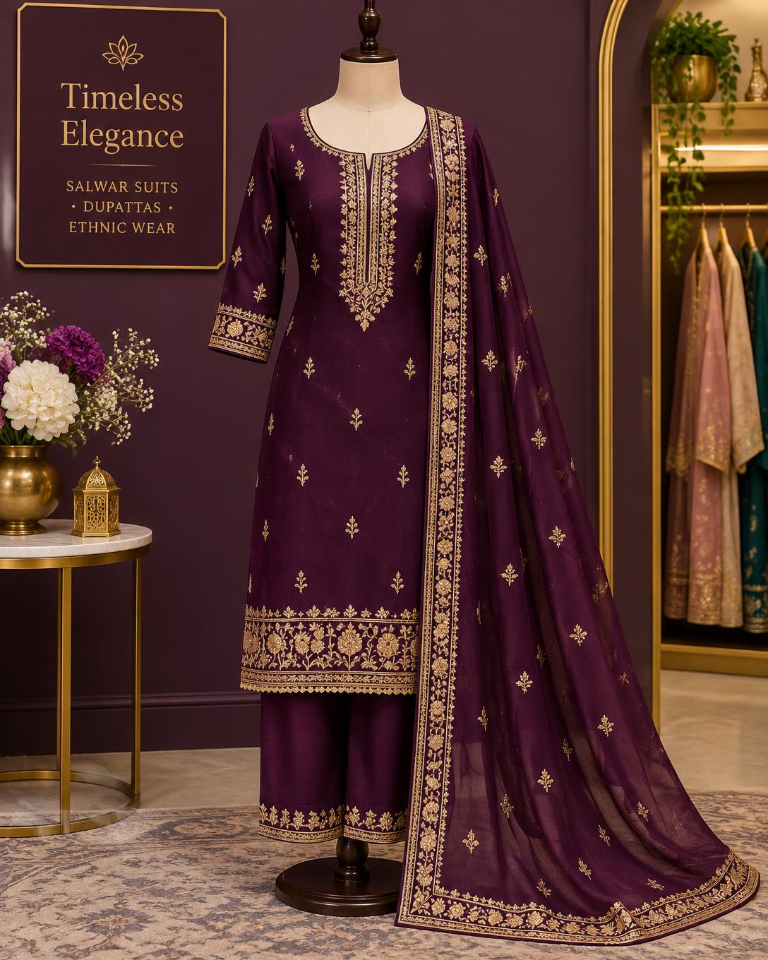 Embroidered salwar suit set with dupatta on display