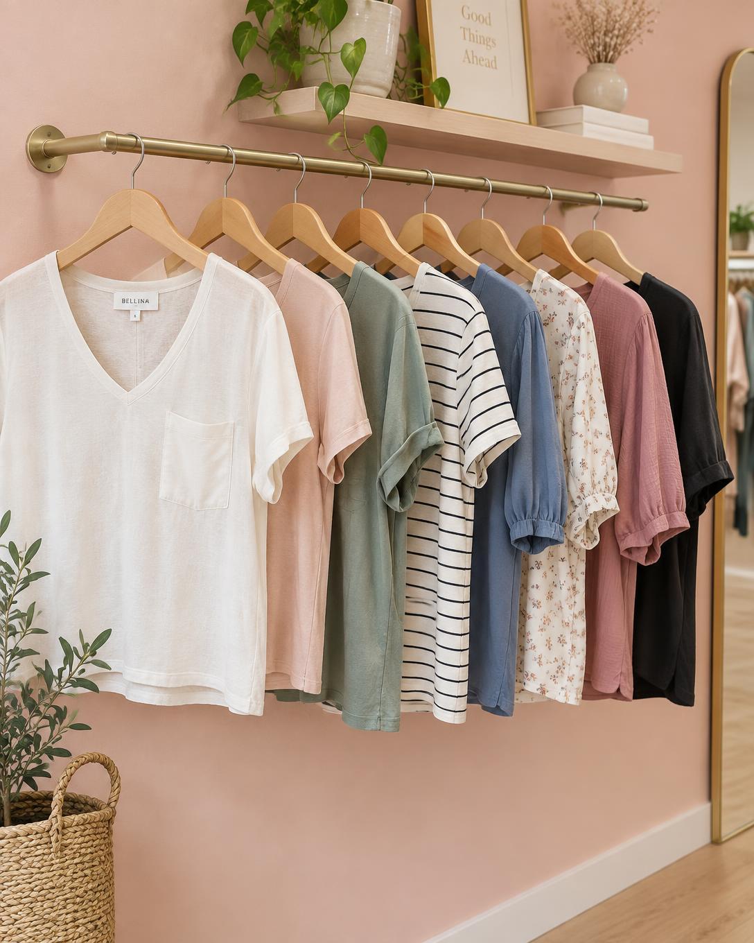 Row of casual women's tops hanging on a boutique rail