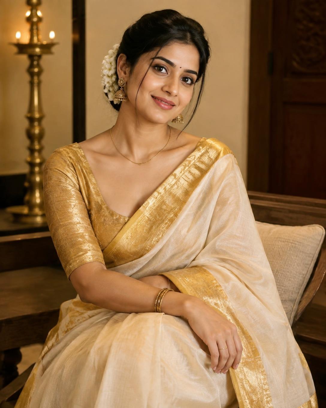 Traditional saree with gold border worn for a festive occasion